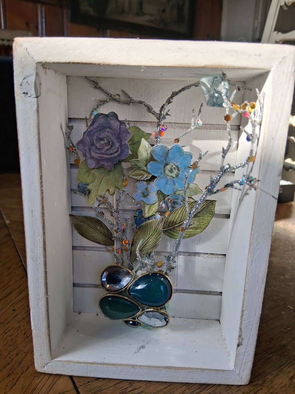 Handcrafted Blue & Purple Floral Shadow Box Wall Jewelry Art Handmade